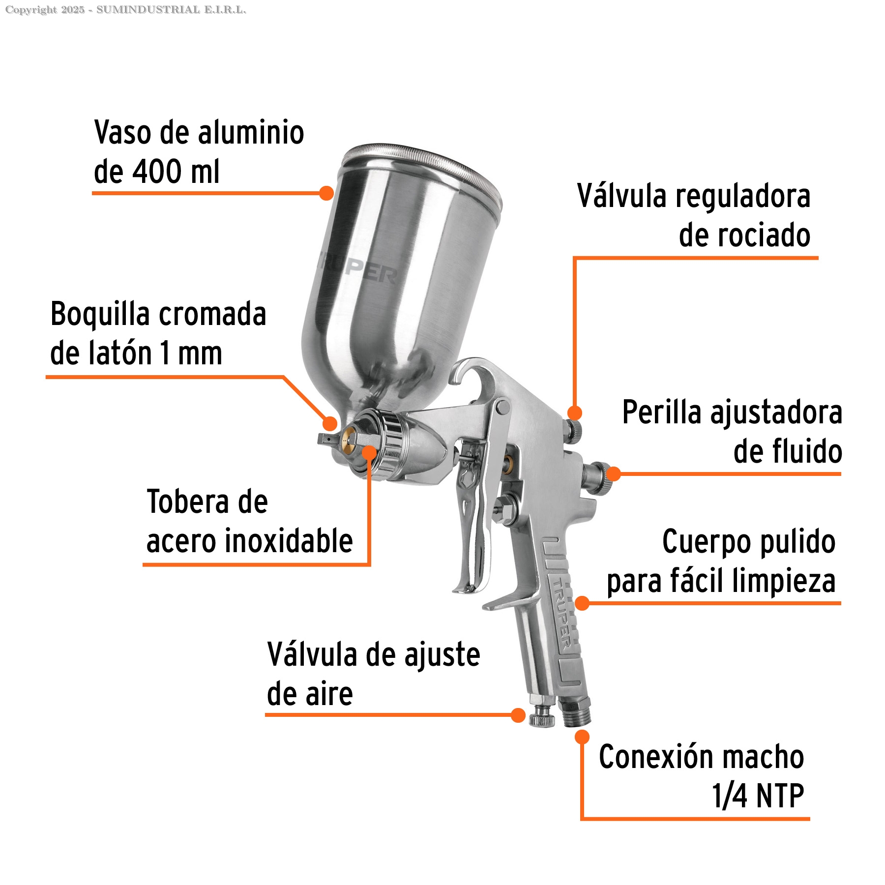 PISTOLA P/PINTAR GRAVEDAD LVMP VASO ALUMINIO, 1 MM, TRUPER 11989