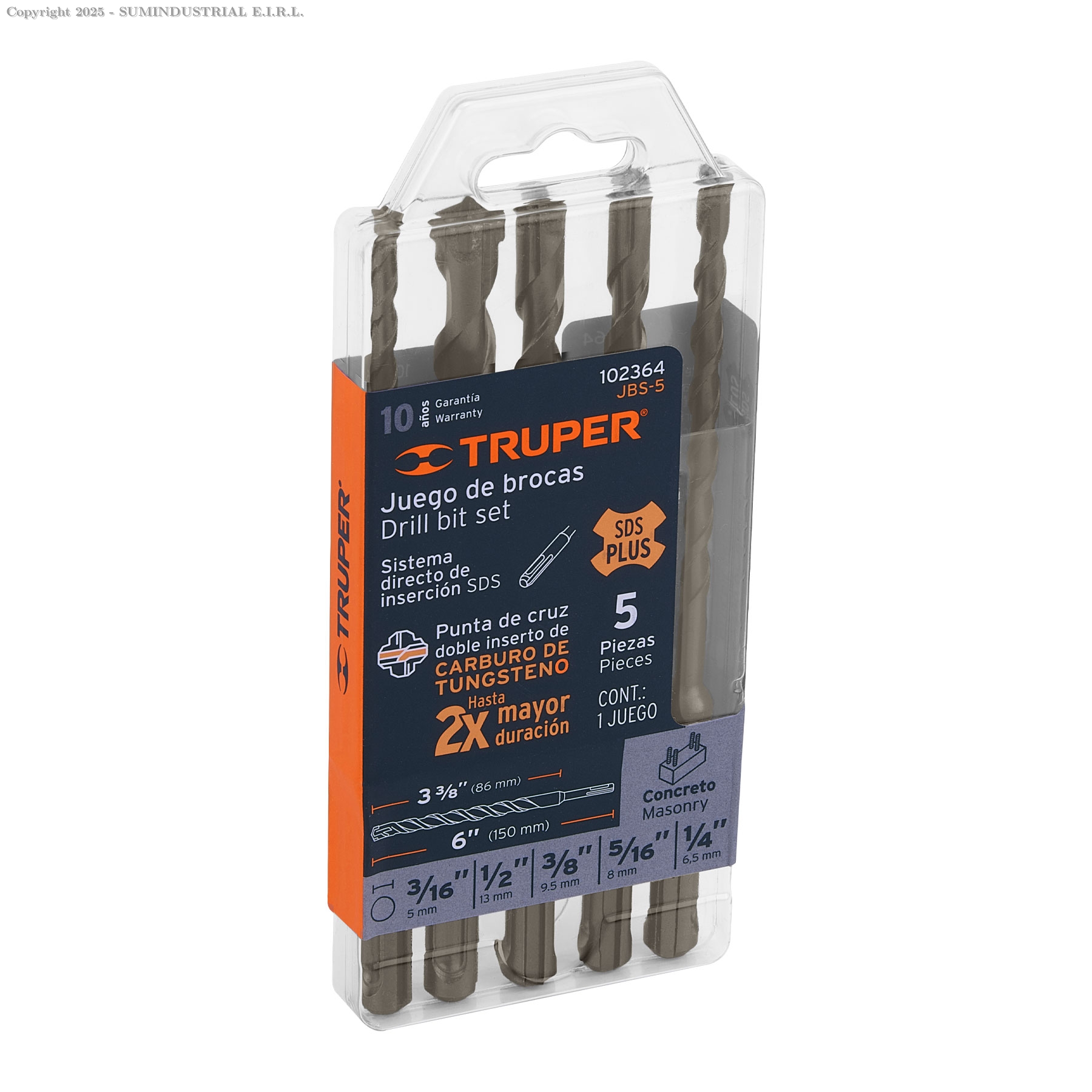 JUEGO DE 5 BROCAS PARA CONCRETO SDS PLUS, TRUPER 102364